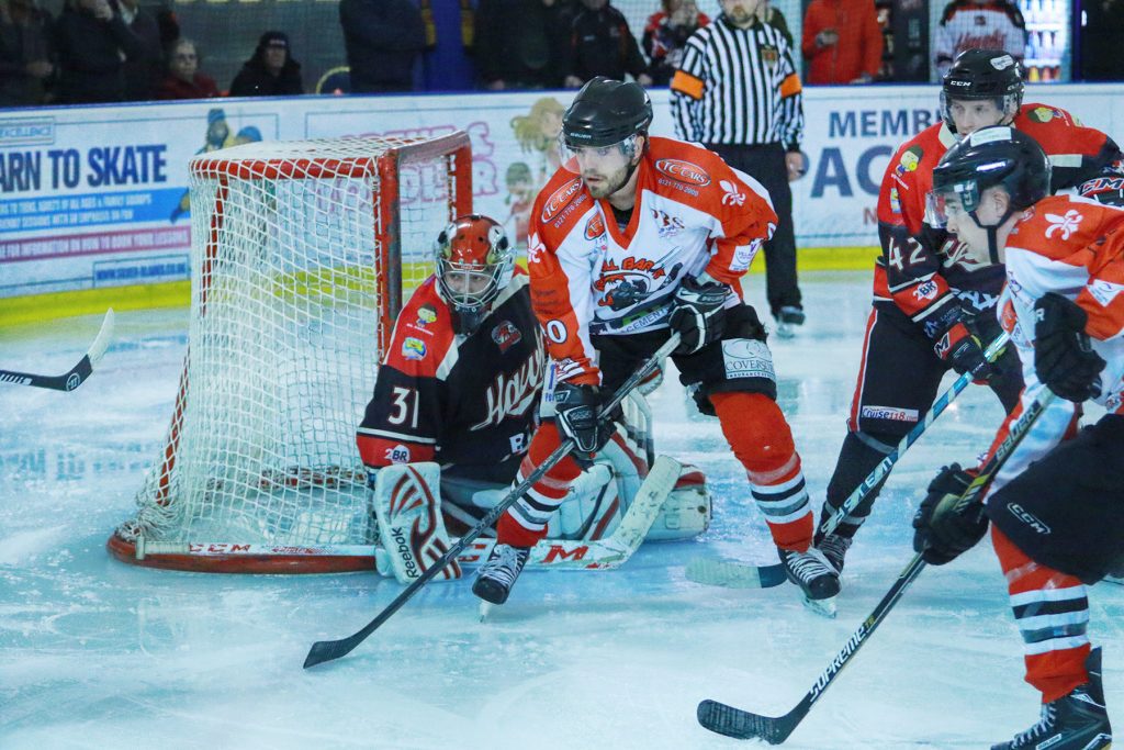 Barons crowd the Hawks goal (Steve Crampton)