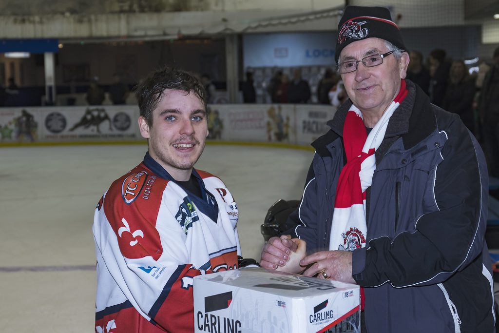 Barons Man of the Match Luke Brittle, with the award presented by original Baron, Graham Downing (Steve Crampton)