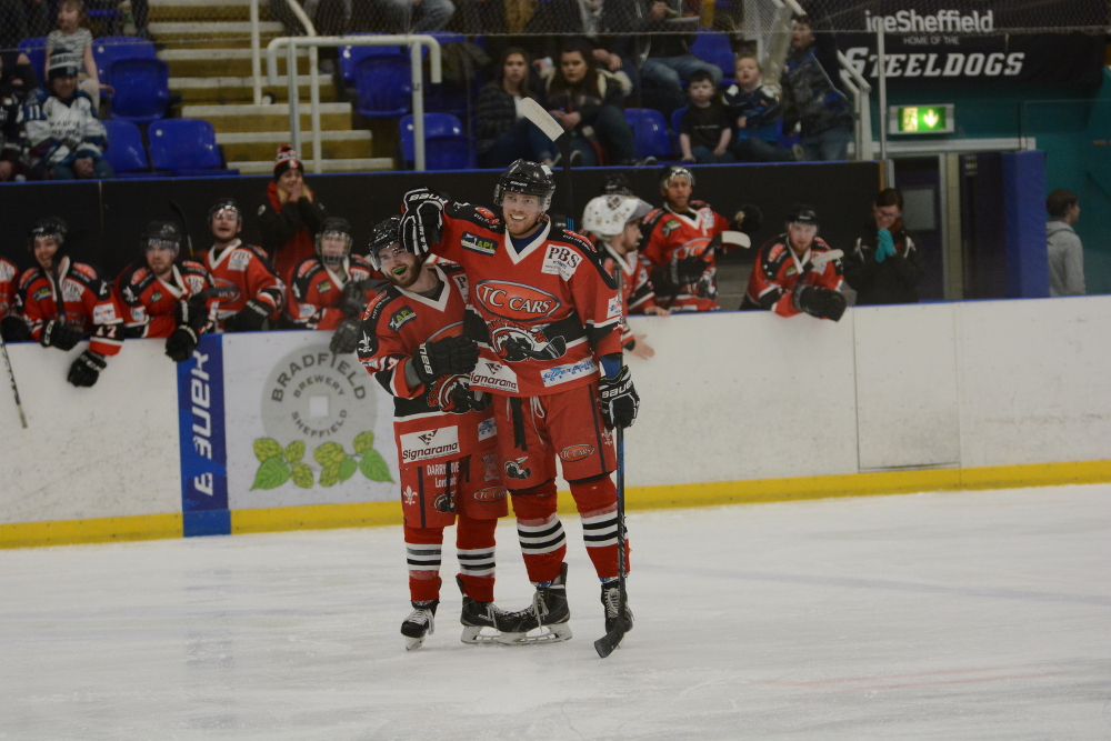 Man of the Match Tom Soar and Dave Rogers celebrate the former's goal (J&K Davies)