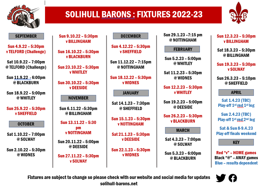 Schedule Solihull Barons Ice Hockey